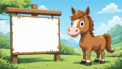 Obraz premium cute cartoon horse in a field with a blank white sign on a wooden post
