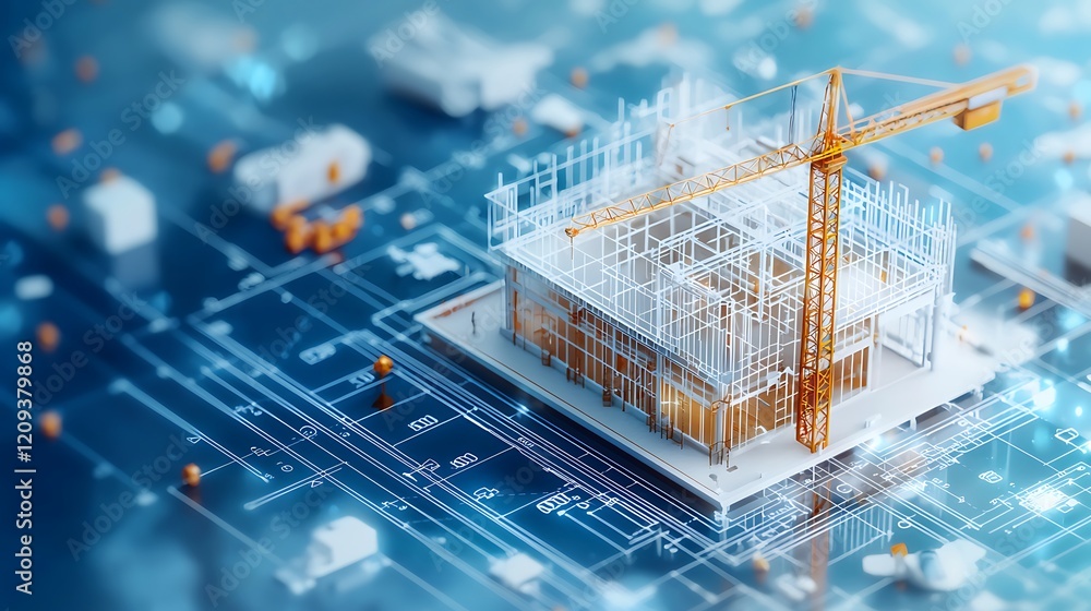 Poster a 3d rendering of a building blueprint with iso safety standards integrated into the design