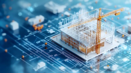 A 3D rendering of a building blueprint with ISO safety standards integrated into the design