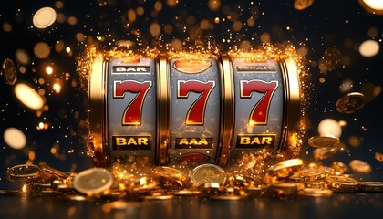 Slot machine hitting triple sevens, gold coins and lights, casino