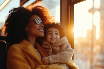Mother and daughter smiling and enjoying a bus ride at sunset