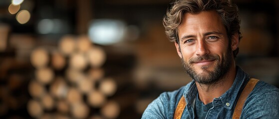Fototapeta premium Smiling man in a lumber store, casual setting, warm lighting, depth of field