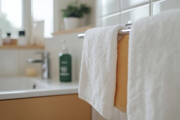 Clean white towels hanging in modern bathroom