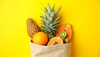 A vibrant display of fresh fruits including pineapple, oranges, and limes in a paper bag against a bright yellow background, creating a cheerful and inviting atmosphere perfect for healthy living.