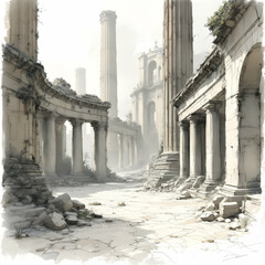 Ancient Ruins of a Forgotten Civilization: A Glimpse into the Past through Weathered Columns and Overgrown Structures