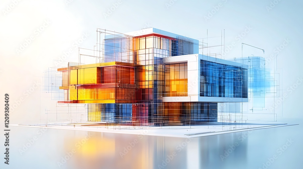 Poster a 3d rendering of a building blueprint with iso safety standards integrated into the design