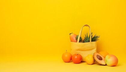 A vibrant display of fresh fruits including pineapple, oranges, and limes in a paper bag against a bright yellow background, creating a cheerful and inviting atmosphere perfect for healthy living.