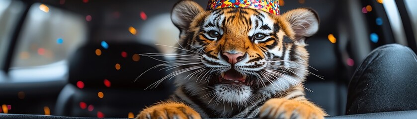Fototapeta premium Tiger wearing a party hat with colorful confetti