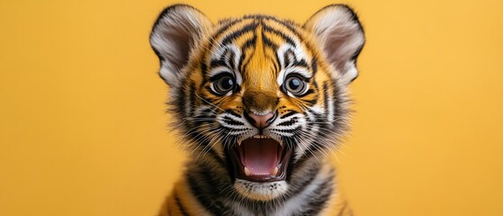 Obraz premium Tiger cub with wide eyes and open mouth, yellow background