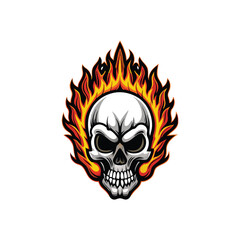 A skull engulfed in fiery flames, rendered with bold, vibrant colors, showcasing dramatic contrasts and intense light.