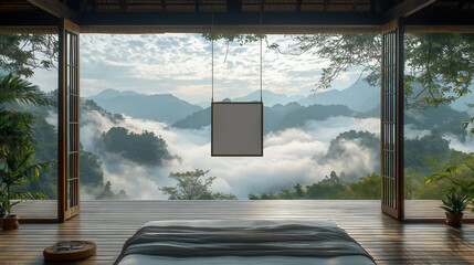 Open-air bedroom set against a surreal Northern Thai landscape with views of a sea of clouds and mountain peaks, A wired frame displays a blank canvas for added focus.