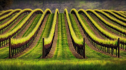Fototapeta premium Spring vineyard rows, hillside, green grass, agriculture