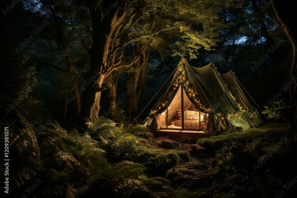 Poster cozy canvas tent glowing with fairy lights in a tranquil forest setting, creating a magical and invi