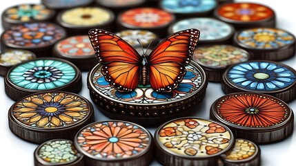 Fototapeta premium Monarch Butterfly on Ornate Circular Mosaic Coasters