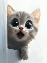 anime-style of a wide-eyed kitten with light gray fur peeking from behind a white wall