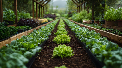 A charming photography of a home vegetable garden with perfectly aligned rows of lettuce, broccoli, and parsley, surrounded by hand-built wooden frames.