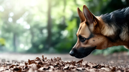 Dog scent games concept Dog sniffing leaves in a lush green forest setting.