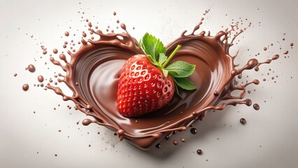 A luscious ripe strawberry nestled in a heart-shaped splash of rich, decadent chocolate