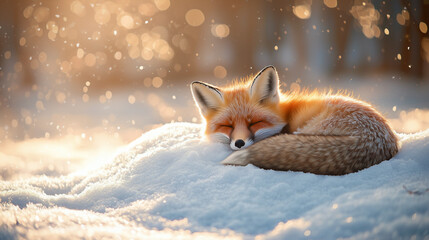 A winter morning scene with a cute curled-up fox sleeping on a fluffy blanket of snow, bathed in a soft, warm sunlit glow.