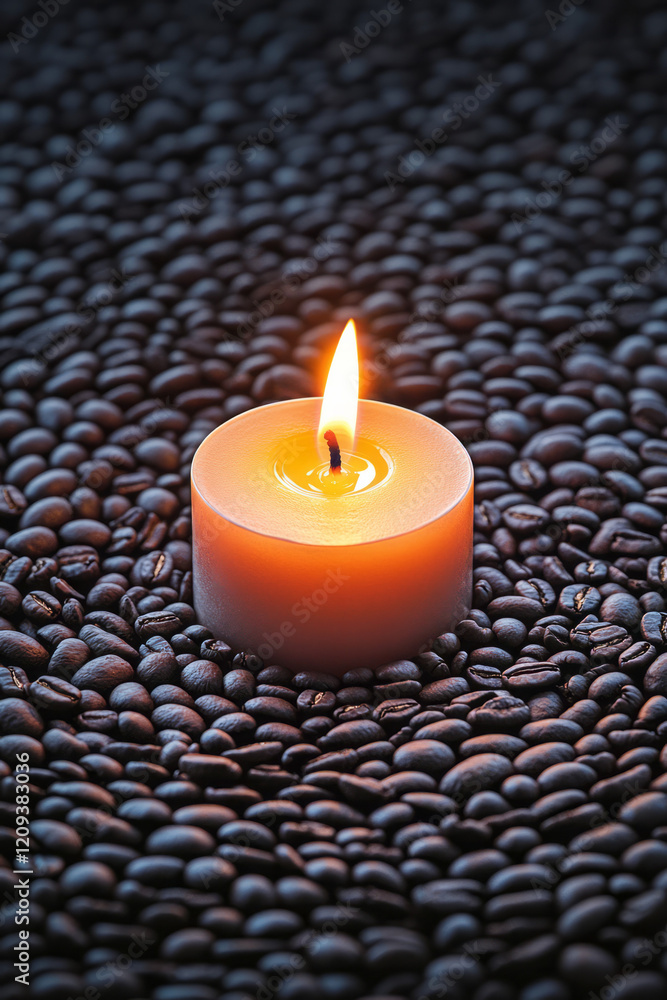 Poster an elegant composition of coffee beans forming a spiral pattern around a glowing candle, creating a 