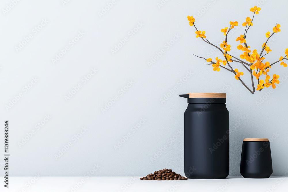 Poster a sophisticated setup with coffee beans neatly arranged in a sleek, modern container, paired with a 