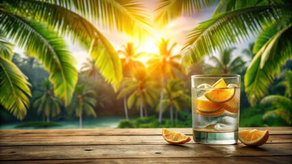 Obraz premium Refreshing Citrus Drink on Wooden Table with Tropical Sunset Backdrop