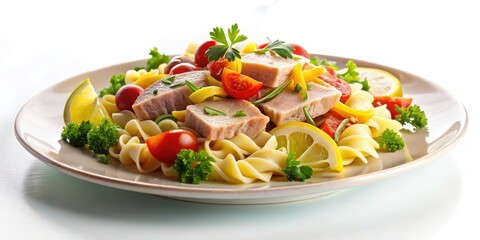 Delicious pasta salad with tuna, vibrant vegetables, and citrus accents, a delightful and healthy meal option.