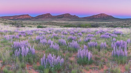Sunset Lupine Field, Desert Landscape, Pink Sky