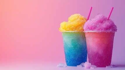 Two colorful shaved ice cups with straws on a pastel background.
