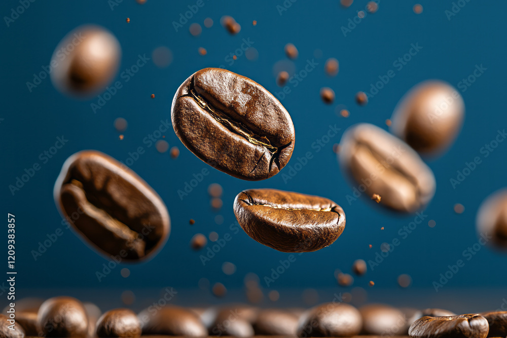 Poster a vibrant shot of coffee beans being tossed into the air, captured in motion with a blurred backgrou