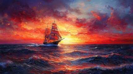 Obraz premium Dramatic sunset over ocean with sailing ship.