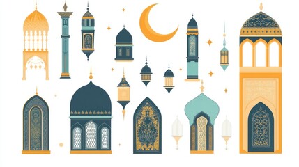 Collection of Islamic oriental style windows and arches with modern bohemian design  moon  mosque dome 
