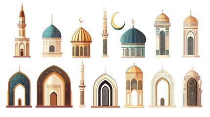 Collection of Islamic oriental style windows and arches with modern bohemian design  moon  mosque dome 