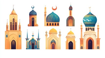Collection of Islamic oriental style windows and arches with modern bohemian design  moon  mosque dome 