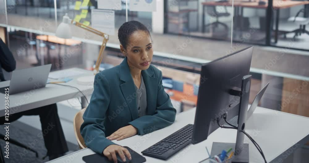 Poster e-commerce manager working on a computer in modern office, tracking order fulfillment on laptop. you