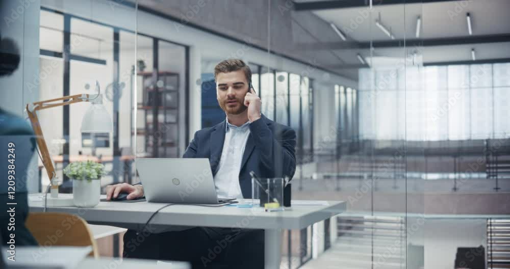 Poster Young Business Analyst Presents Findings on a Phone Call while Researching Data on Laptop Computer. Focused Man Sits Behind a Desk in Office, Shares Financial Information with Stakeholders