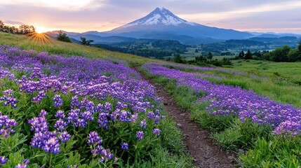 Obraz premium Purple lupine wildflowers bloom along a dirt hiking trail leading towards Mount Hood during a vibrant sunset.