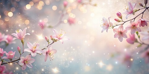 Enchanted Pink Blossoms in a Dreamlike Setting with Sparkling Lights and Soft Bokeh Background
