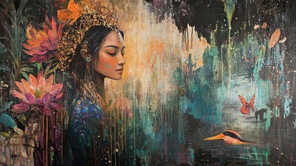 Serene Woman with Lotus Flowers and Butterfly