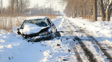 Car accident on a snowy road with the vehicle partially off the roadside and tire tracks in the snow..