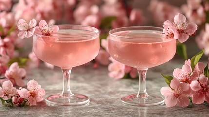 Two pink cocktails garnished with cherry blossoms on a gray surface.
