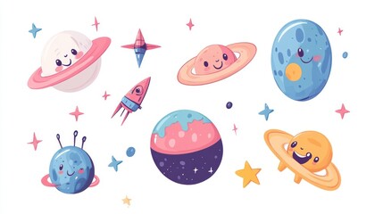 Fototapeta premium Cute outer space set. Cosmic bundle with funny cartoon characters spaceships planet 