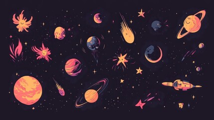 Cute outer space set. Cosmic bundle with funny cartoon characters  spaceships  planet  