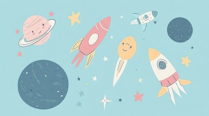 Cute outer space set. Cosmic bundle with funny cartoon characters  spaceships  planet  