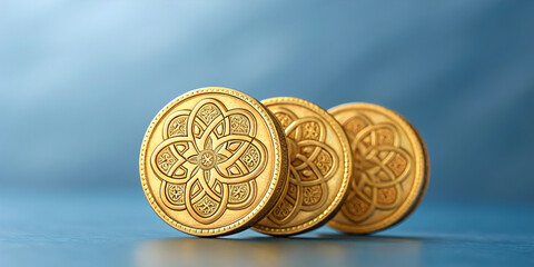 Close-up of Golden Coins with Celtic Designs Illuminated by St. Patrick's Magic
