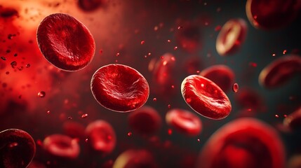 Red blood cells are shown moving through the bloodstream, illustrating their vital role in oxygen transport. The image captures the dynamic movement of cells in a vivid environment