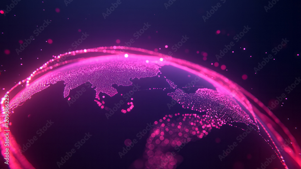 Poster a vibrant rendering of a global network with curved lines connecting points across a 3d globe,