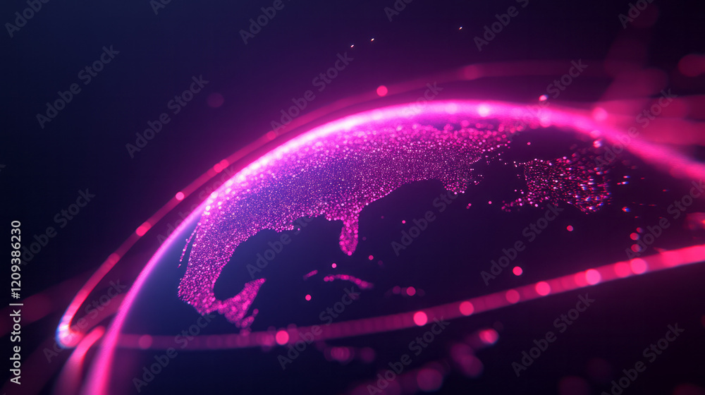 Poster a vibrant rendering of a global network with curved lines connecting points across a 3d globe,