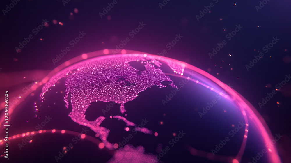 Poster a vibrant rendering of a global network with curved lines connecting points across a 3d globe,