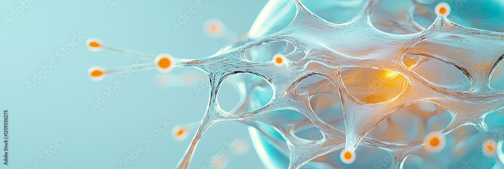 Poster a 3d abstract sphere composed of interlinked nodes and flowing patterns, glowing softly on a neutral